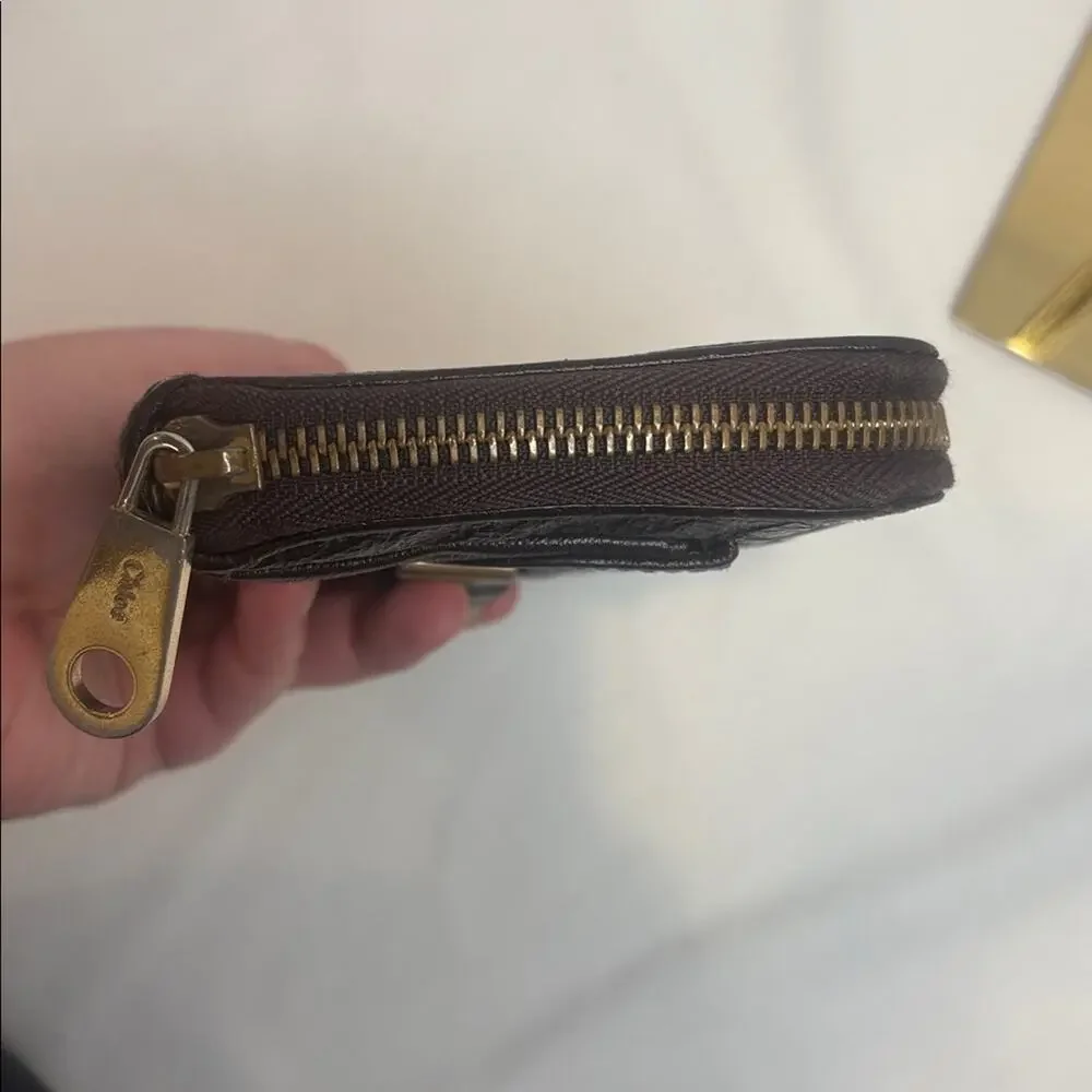 Chloe Lilly bow front long wallet in a metallic maroon brown